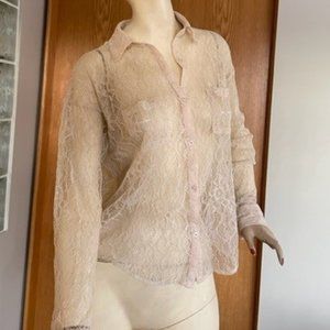 FREE PEOPLE LACE BLOUSE XSmall  Antique Ivory with Long Sleeves, Drop Shoulders